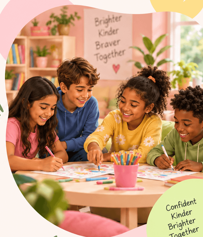 Children smiling and drawing together at Blooms Club