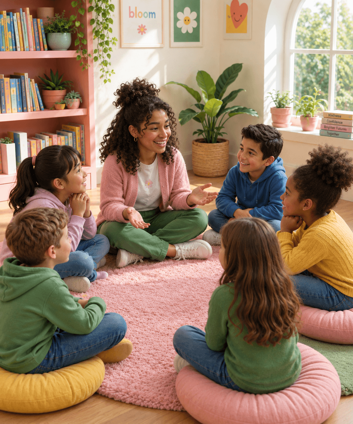 A Blooms Club facilitator sitting in a circle with children during a session